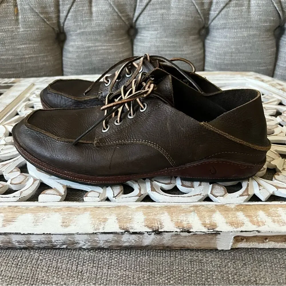 Olukai Men’s Brown Leather Oxford Boat Loafers Shoes 10